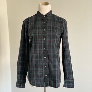 J. Crew Green and Navy Plaid Tulip Collar Long Sleeve Button Down Size 2